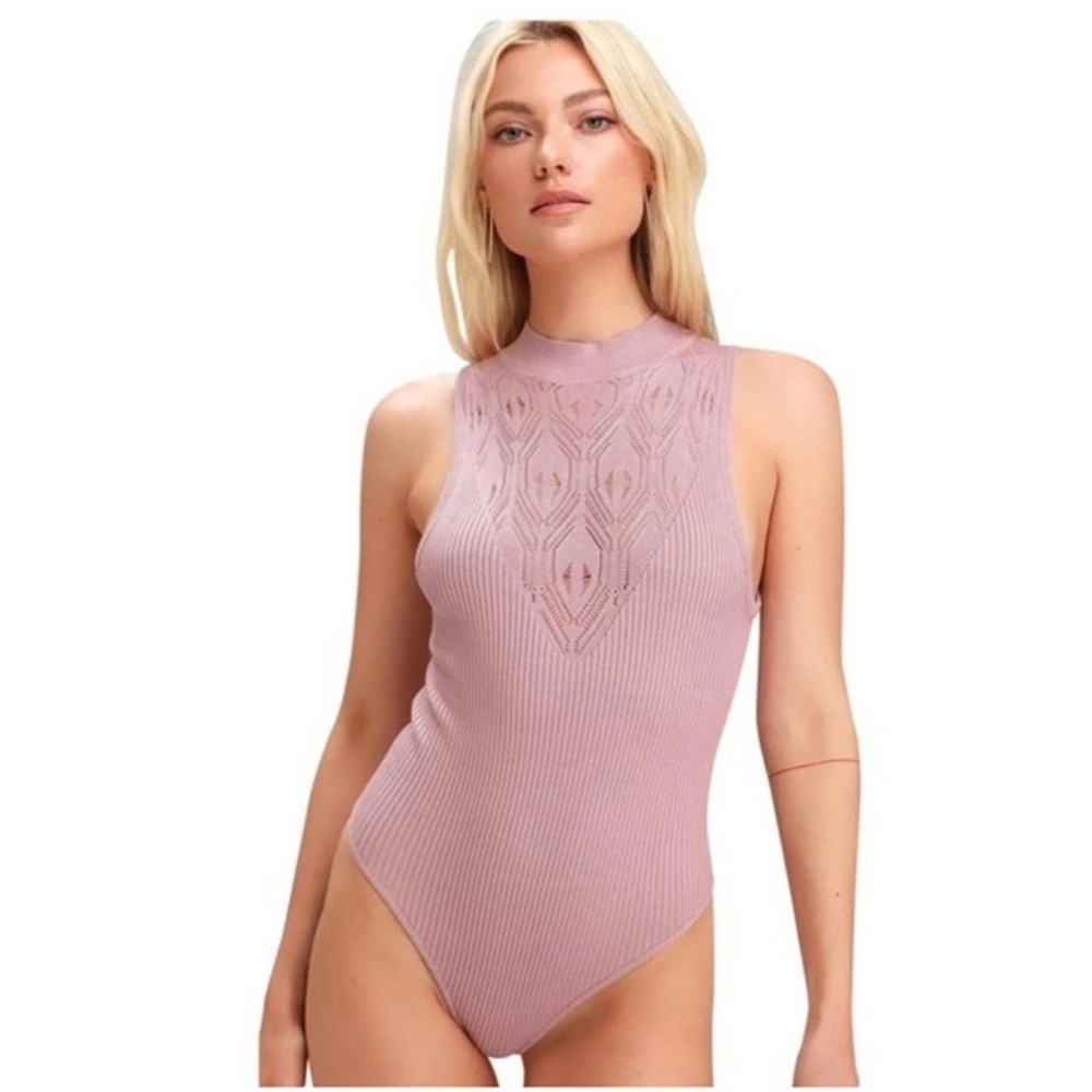 Free People Intimately Mauve Pink Pointelle Ribbed Mock Neck Bodysuit XS